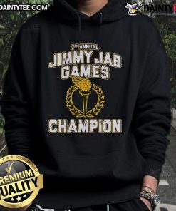 Alt Text: Champion hoodie from the Nice 7th Annual Jimmy Jab Games, featuring vibrant colors and event logo prominently displayed.