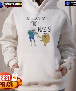 Finn and Jake from Adventure Time wearing 'Fk Nazis' hoodie, promoting anti-hate message in a vibrant cartoon style.