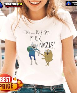 Adventure Time Finn and Jake graphic tee with 'Fck Nazis' slogan, perfect for fans of the show and social justice.