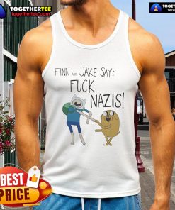 Finn and Jake from Adventure Time in a bold tank top saying 'Fk Nazis', promoting anti-hate activism.