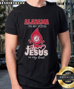 Nice Alabama In My Veins Jesus In My Heart T-Shirt design featuring bold text and a stylish graphic, perfect for Alabama fans.