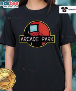 Nice Arcade Park X Jurassic Park ladies tee featuring a vibrant design perfect for fans of retro gaming and dinosaurs.