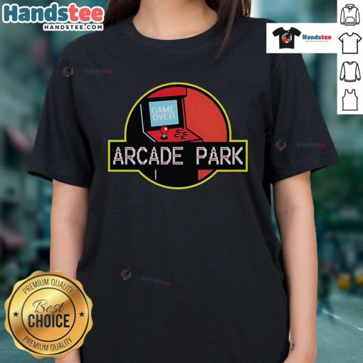Nice Arcade Park X Jurassic Park ladies tee featuring a vibrant design perfect for fans of retro gaming and dinosaurs.