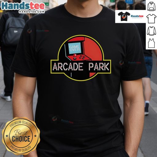 Nice Arcade Park X Jurassic Park T-Shirt featuring vibrant graphics and a unique dinosaur design for gaming fans.