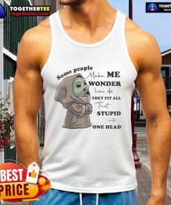 Cute Baby Yoda wearing a humorous tank top, showcasing a playful design that sparks curiosity and laughter.