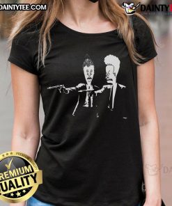 Nice Beavis and Butthead Pulp Fiction nerd ladies tee featuring iconic characters in a fun graphic design.
