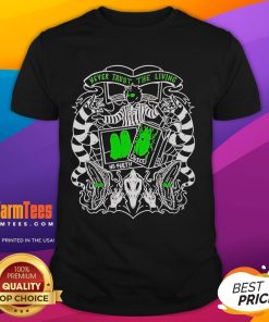 Beetlejuice Never Trust The Living T-Shirt featuring a spooky design inspired by the classic film, perfect for fans.