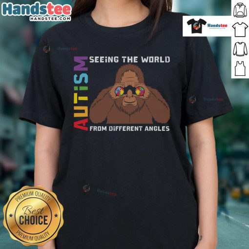 Nice Bigfoot Autism tee featuring binoculars symbolizing seeing the world from different angles, perfect for unique perspectives.