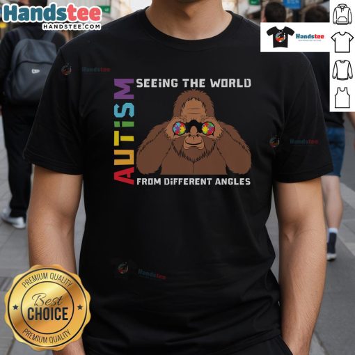 Nice Bigfoot Autism T-Shirt featuring binoculars, showcasing a unique perspective on the world and autism awareness.