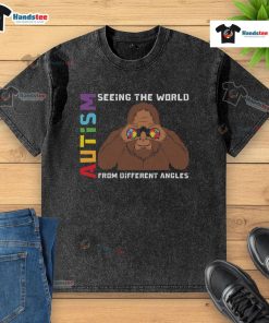 Alt Text: Nice Bigfoot Autism shirt featuring binoculars and puzzle pieces, highlighting seeing the world from different angles.
