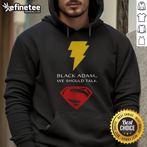 Alt Text: Black Adam lightning bolt design on a superhero-themed hoodie featuring the Superman logo, perfect for fans.