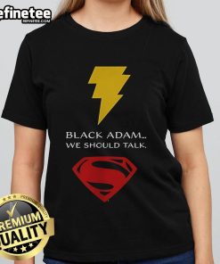 Nice Black Adam lightning bolt Superman logo on a stylish ladies tee, perfect for comic book fans and casual wear.