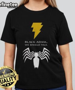 Stylish black tee featuring a lightning bolt and Spider-Man venom logo with 'We Should Talk' text for ladies.