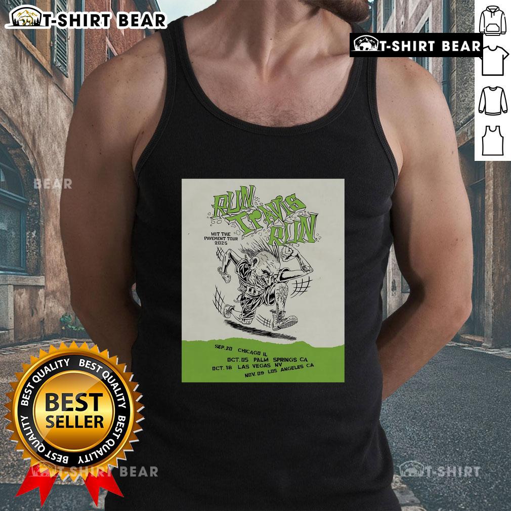 Nice Blink 182 Run Travis Run Hit Pavement Tour 2025 Tank Top Travis Barker wearing a Nice Blink-182 Run tank top during the 2025 Hit Pavement Tour, showcasing band merchandise.