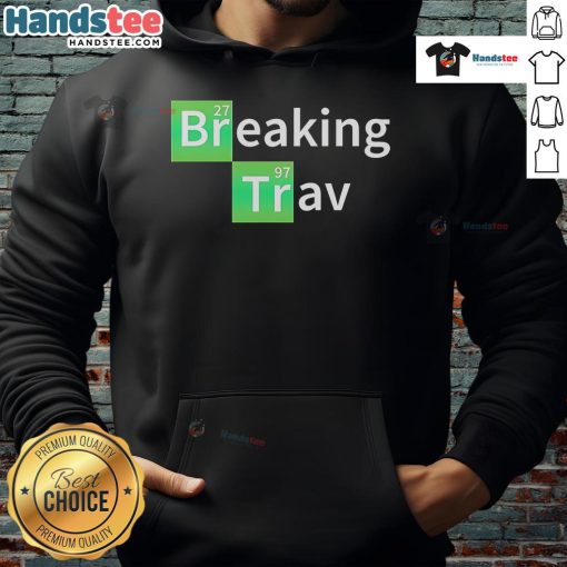 Travis Lewis wearing a Nice Breaking Trav hoodie featuring a periodic table design, perfect for science lovers.