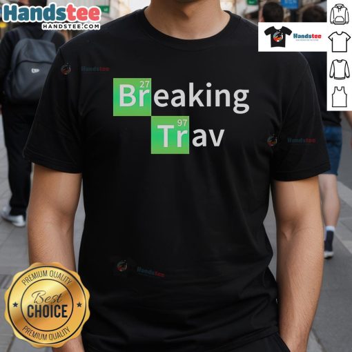 Alt Text: Travis Periodic Table T-Shirt featuring unique design by Nice Breaking Trav Lewis, perfect for science enthusiasts.