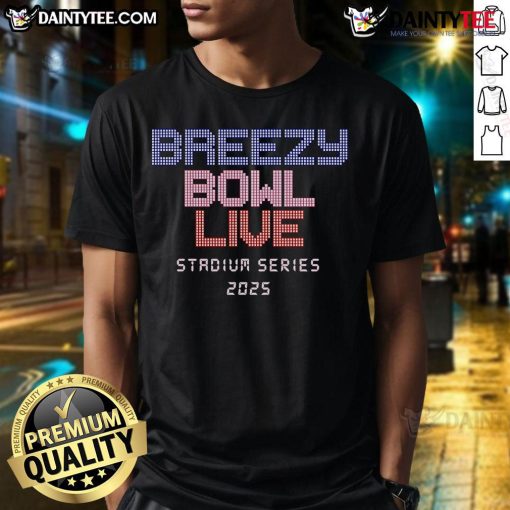 Alt Text: Nice Breezy Bowl Live Stadium Series 2025 T-Shirt featuring vibrant design and team logos, perfect for fans.