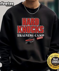 Buffalo Bills 2025 Hard Knocks Training Camp sweatshirt displayed on a hanger, showcasing team colors and logo.