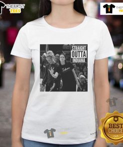 Alt Text: Caitlin Clark and Sophie Cunningham wearing 'Straight Outta Indiana Fever' ladies tee, showcasing team spirit and style.