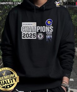 Alt Text: Chelsea Club World Cup Champions 2025 hoodie worn by a proud fan celebrating their team's victory.