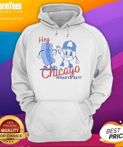 Cartoon hoodie featuring Chicago Cubs design with 'Hey Chicago, Whadya Say' text, perfect for baseball fans.