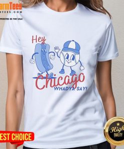 Cartoon ladies wearing a Chicago Cubs tee with 'Hey Chicago, Whadya Say' slogan, showcasing team spirit and fun.