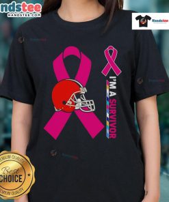 Nice Cleveland Browns X Cancer Awareness 'I'm A Survivor' ladies tee showcasing support for cancer survivors in team colors.
