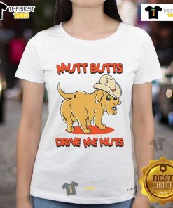 Funny ladies tee featuring a cute dog mutt design with the phrase 'Mutt Butts Drive Me Nuts' for dog lovers.
