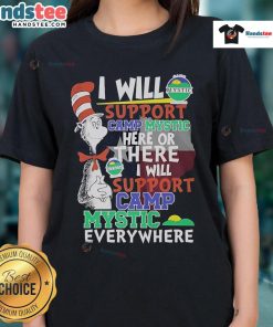 Nice Dr. Seuss I Will Support Camp Mystic ladies tee featuring vibrant design and playful text for camp enthusiasts.