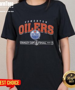 Edmonton Oilers 2025 Stanley Cup Final ladies tee showcasing team pride and stylish design for female hockey fans.