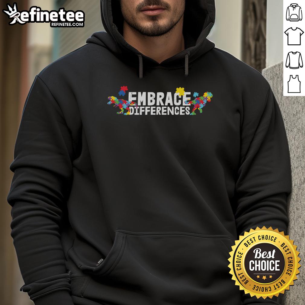 Nice Embrace Differences Autism Awareness Puzzle Dinosaur Hoodie Child wearing a Nice Embrace Differences autism awareness puzzle dinosaur hoodie, promoting inclusivity and acceptance.