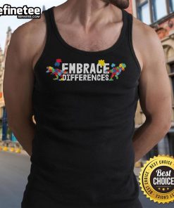 Colorful autism awareness puzzle dinosaur tank top promoting the message 'Nice Embrace Differences' in vibrant design.