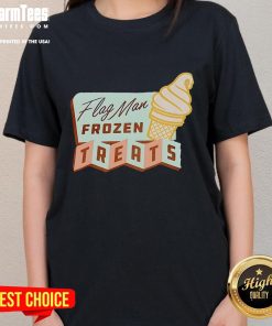 Nice Flag Man Frozen Treats Ladies Tee featuring a colorful graphic of ice cream and a vibrant flag design.
