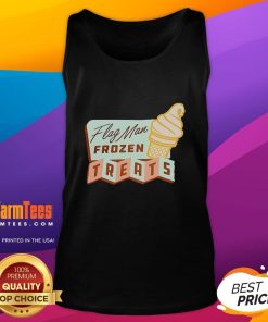 Man wearing a Nice Flag graphic tank top while enjoying frozen treats on a sunny day.