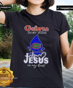 Nice Florida Gators in My Veins Jesus in My Heart ladies tee featuring vibrant colors and a stylish design for fans.