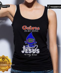 Nice Florida Gators in My Veins Jesus in My Heart tank top showcased on a model, perfect for Gators fans and casual wear.