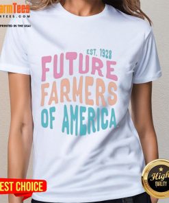 Ladies tee featuring 'Future Farmers of America Est 1928' design, perfect for FFA supporters and agricultural enthusiasts.