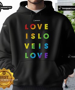 Alt Text: Nice Gamescom Love Is Love Pride Hoodie showcasing vibrant rainbow colors and inclusive design for LGBTQ+ gamers.