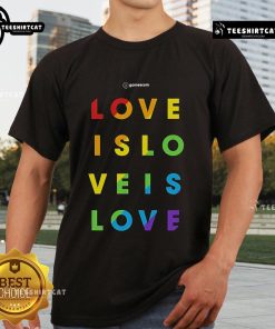 Alt Text: Nice Gamescom Love Is Love Pride T-Shirt featuring vibrant colors and a bold LGBTQ+ design for pride celebrations.
