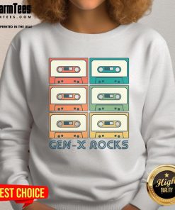 Nice Gen X Rocks retro cassette tape sweatshirt featuring vibrant graphic design and cozy fit for nostalgic vibes.