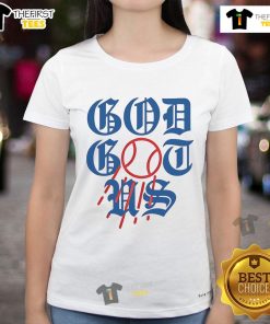 Los Angeles Dodgers ladies tee featuring 'Nice God Got Us' design, perfect for fans and stylish game day wear.