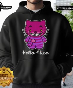 Nice Hello Alice Cheshire Cat Hello Kitty Alice in Wonderland hoodie featuring colorful, whimsical designs.