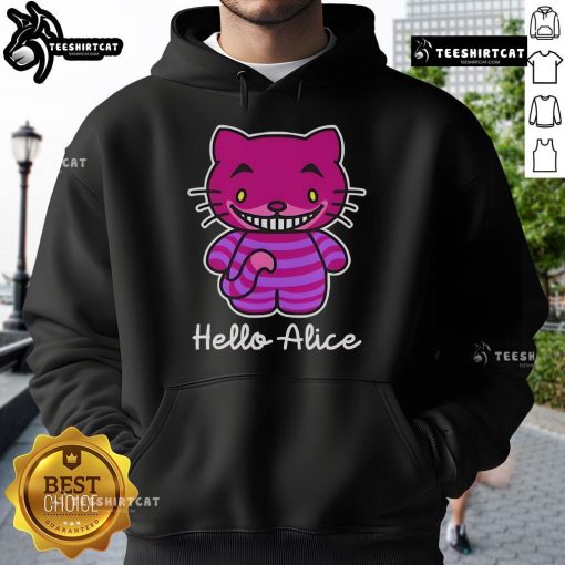 Nice Hello Alice Cheshire Cat Hello Kitty Alice in Wonderland hoodie featuring colorful, whimsical designs.