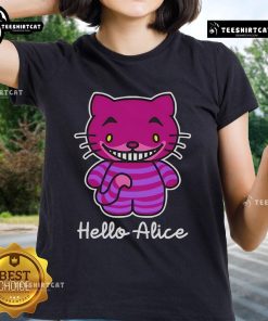 Hello Kitty Cheshire Cat Ladies Tee featuring Alice in Wonderland design, perfect for whimsical fashion lovers.
