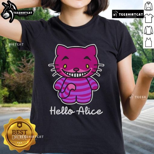 Hello Kitty Cheshire Cat Ladies Tee featuring Alice in Wonderland design, perfect for whimsical fashion lovers.
