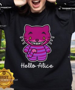 Nice Hello Alice Cheshire Cat Hello Kitty sweatshirt featuring whimsical Alice in Wonderland design for fans.