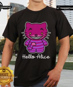 Charming Hello Alice Cheshire Cat Hello Kitty T-Shirt featuring whimsical Wonderland design and vibrant colors.