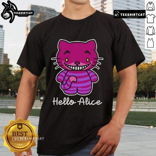 Charming Hello Alice Cheshire Cat Hello Kitty T-Shirt featuring whimsical Wonderland design and vibrant colors.