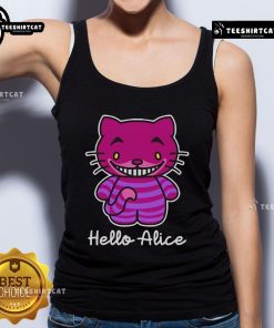 Hello Kitty Cheshire Cat tank top featuring Alice in Wonderland design - cute and colorful fashion for fans.