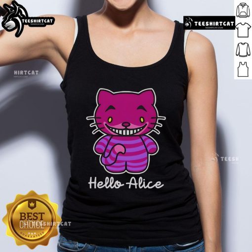 Hello Kitty Cheshire Cat tank top featuring Alice in Wonderland design - cute and colorful fashion for fans.